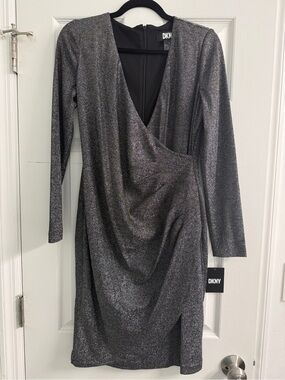 DKNY Silver Metallic Long-Sleeve Wrap Dress